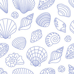 Seamless pattern with cute outline sea shells. Doodle print for banner, wallpaper, textile, wrapping paper, background, cards. Vector illustration in flat style