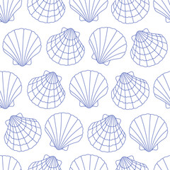 Seamless pattern with cute outline sea shells. Doodle print for banner, wallpaper, textile, wrapping paper, background, cards. Vector illustration in flat style