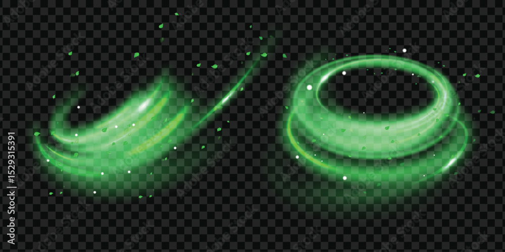 Poster green air flow set, abstract wind swirls and wind wave. freshness and mint leaves in the air. realis