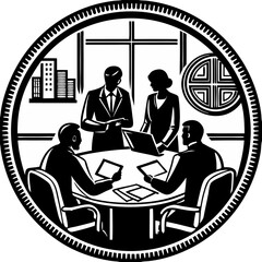 Business team collaborating in a meeting room discussion on strategic planning for company growth and development.