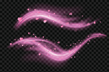 Wind swirls with flower pink petals isolated on transparent background. Vector realistic illustration of spiral air vortex with flying blossom petals, magic dust splash © Alesya