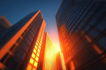 A scenic view of high-rise buildings and skyscrapers silhouetted against a vibrant sunset sky.