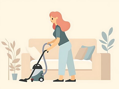 Woman cleaning house with vacuum cleaner, flat icon