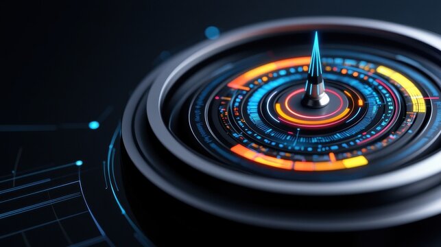 A futuristic, high-tech dial with vibrant circular indicators and a central spike, set against a dark background, suggesting advanced technology.
