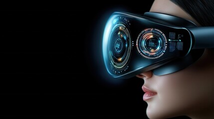 A futuristic close-up of a person wearing advanced virtual reality goggles, showcasing intricate lenses and a sleek design against a dark background.