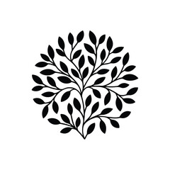 Circular Botanical Emblem with Black Leaves and Branches

