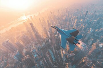 A picturesque city skyline at sunset featuring silhouettes of buildings, with an airplane flying in the sky and cars on the roads below.