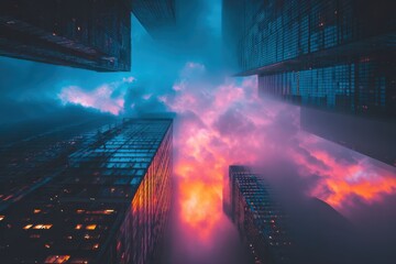 High-rise buildings towering against a picturesque sky and sunset backdrop, creating a stunning urban skyline silhouette.