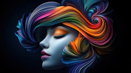 Naklejka premium A vibrant, artistic portrait of a woman's face, adorned with colorful, flowing hair, showcasing creativity and beauty against a dark background.