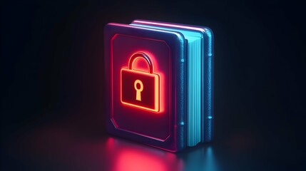 Secured Digital Data Book: Neon Glowing Padlock Icon