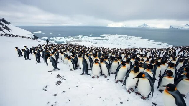 Gentoo penguin colony in the South Pole, Antarctic Peninsula. A large group of wild animals resting on a snowy hill, cold sea and mountains in the background. 4k video