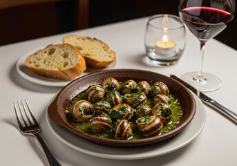 A close-up of escargots de Bourgogne in a rustic ceramic dish with green garlic-parsley butter, served with baguette, red wine, and candlelight.