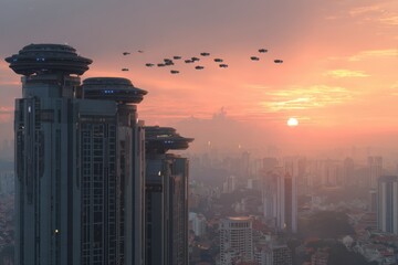 A panoramic cityscape view at sunset with silhouettes of buildings, boats sailing on the river, and birds flying in the sky.