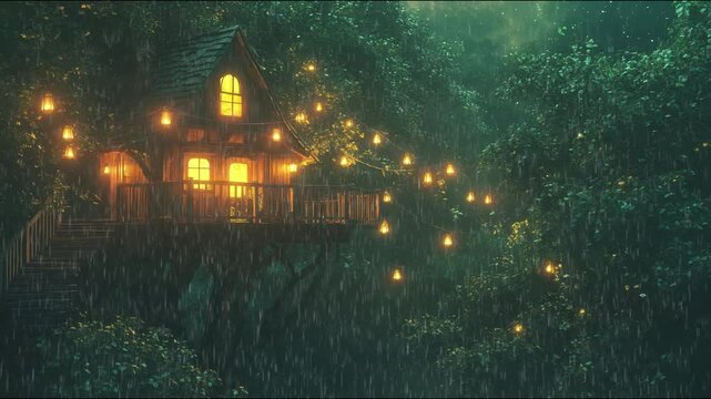 Experience the magic of a secluded treehouse, aglow with warm lights, as gentle rain falls around surrounding green forest.