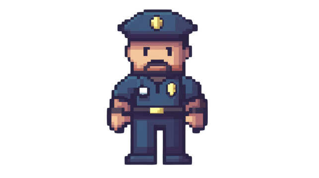Retro 8-bit police man character with pixel art design and vintage style isolated on white background
