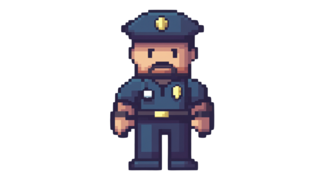 Retro 8-bit police man character with pixel art design and vintage style isolated on white background
