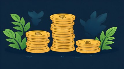 Stacks of Gold Coins with Green Leaves on Dark Background