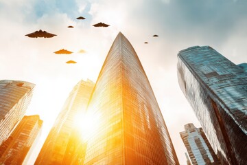 A cityscape at sunset featuring silhouettes of buildings, an airplane flying by, and birds flying in the orange sky.