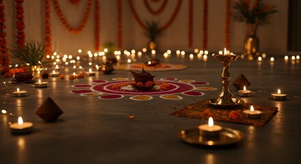 Illuminated Diwali Celebration Rangoli, Candles, and Traditional Diyas Create a Festive Atmosphere