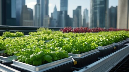 Rooftop urban garden with various leafy plants, with city skyline in the background