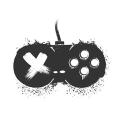 gamepad Spray paint graffiti and game controller with grungy texture. Grunge ink graphic symbol of gamepad, joystick, controller and computer gaming isolated on white background for printing on tee