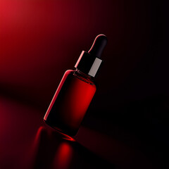 Elegant red serum bottle against a dark background, perfect for beauty or skincare product promotions.