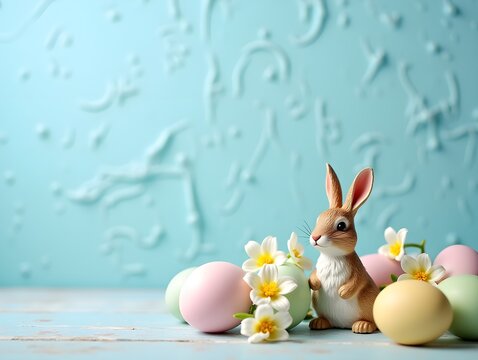 A decorative Easter scene featuring a bunny figurine surrounded