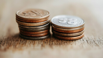 Two Stacks of Coins on Wooden Surface