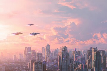 An urban skyline at sunset featuring silhouettes of buildings, with a kite flying in the sky and an airplane in the distance.