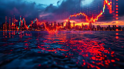 Vibrant City Skyline at Sunset with Overlay of Stock Market Graph
