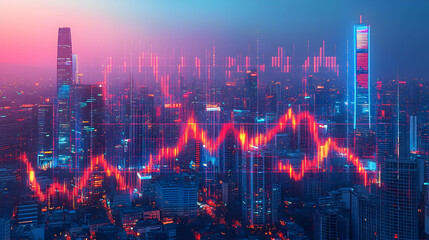 Vibrant Cityscape at Night with Dynamic Financial Data Overlay