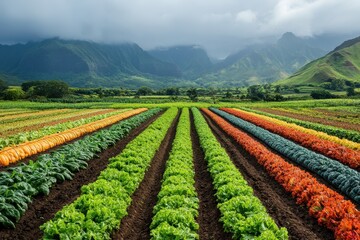 Rows of colorful crops fill a field beneath misty mountains landscape. Perfect for illustrating farming, healthy eating, and natural beauty.