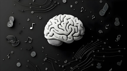 White Brain Model Surrounded by Abstract Musical Notes and Data on Black Background