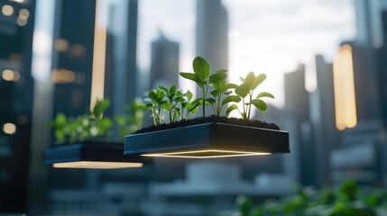 Small plants in black planters, suspended in mid-air above a city skyline