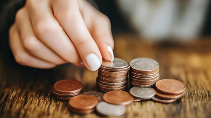 Woman's Hand Stacking Coins on Wooden Table