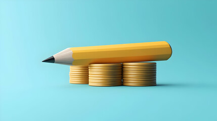 Yellow Pencil on Stack of Gold Coins on Blue Background