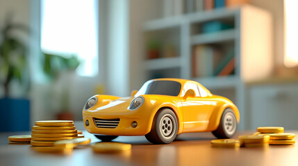 Yellow Toy Car and Gold Coins on a Table