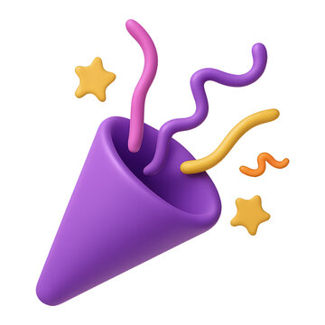 purple party popper 3d render icon isolated on transparent background cutout