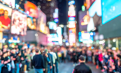 Conceptual image of the city that never sleeps, New York, showcasing its famous billboards at Times Square in a defocused photo.