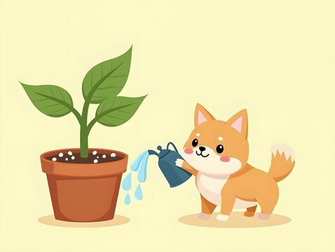 Watering Money Plant with a Cute Shiba Inu Dog Cartoon Character