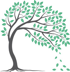 Stylized Tree Silhouette with Falling Leave, tree vector