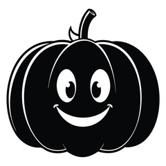 A black smiling cartoon pumpkin with stem is standing out on white background