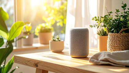 Smart Speaker in a Cozy Living Room: A modern smart speaker sits on a wooden table, surrounded by lush green plants, bathed in the warm, natural light from a nearby window.