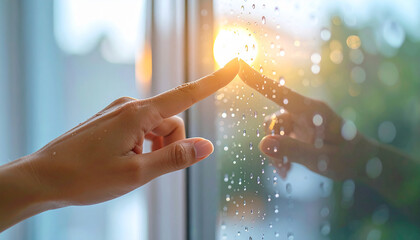 Window and sunlight: A hand gently touches a rain-streaked window, with sunlight reflecting, creating a feeling of connection. This captures the beauty of simple moments. 