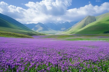 Purple flowers in valley, green hills and snowy mountains under cloudy sky. Showcasing natural beauty, perfect for travel, landscape and nature themes.