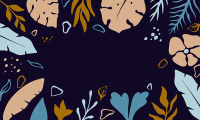 A blue summer background with a lot of leaves and flowers. Vector illustration