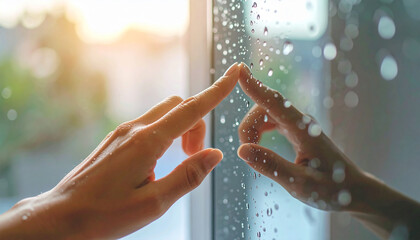 Whispers Through the Glass: An individual gently touches a rain-streaked window, creating a serene scene of reflection, both literally and figuratively.