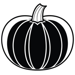 A bold line drawing shows a classic black and white pumpkin with stem