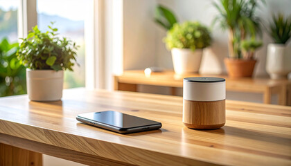 Smart Speaker Amidst Greenery: A sleek smart speaker sits harmoniously on a wooden table, surrounded by lush potted plants and bathed in natural light.