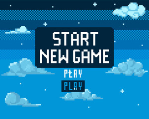 Background for pixel game. Game start. 8-bit Pixel interface. Character selection. Achievements in arcade games. Vector illustration